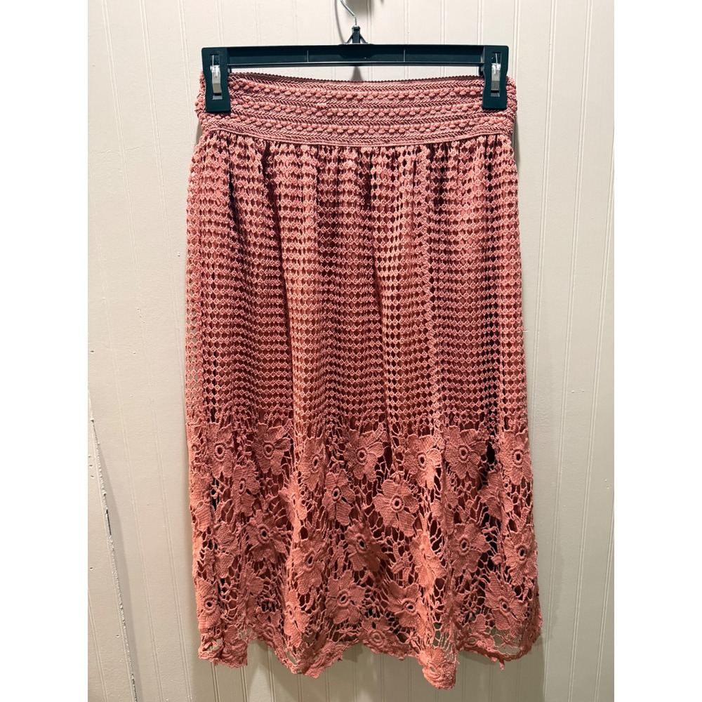 J. Slee Pink Crochet Floral Lace Midi Skirt Smocked Waist Boho Romantic Small